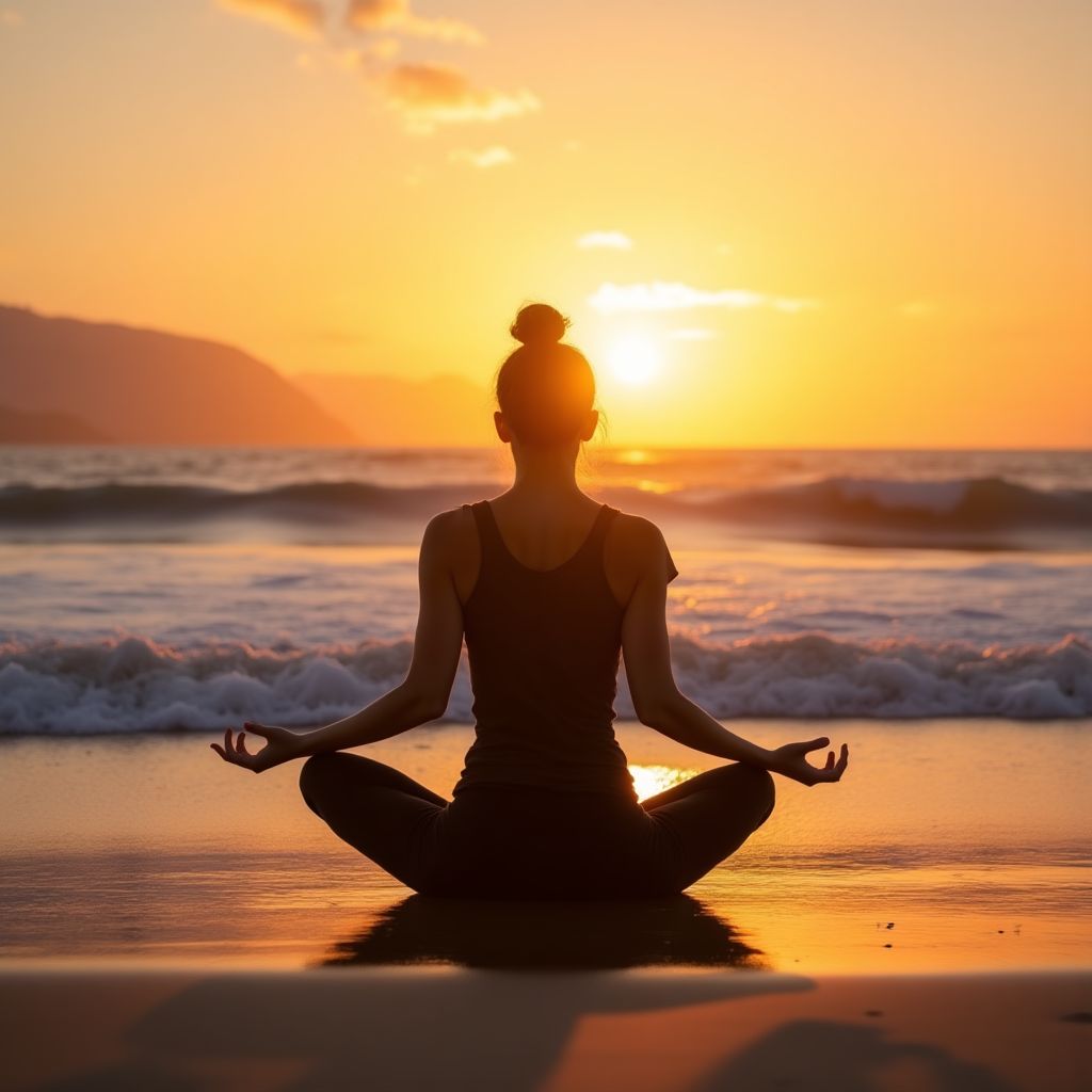 Person meditating by the ocean